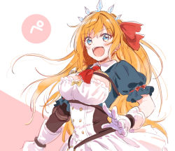 Rule 34 | 1girl, :d, aqua eyes, breasts, gloves, hair ribbon, highres, konayama kata, large breasts, long hair, open mouth, orange hair, pecorine (princess connect!), pink background, princess connect!, puffy short sleeves, puffy sleeves, red neckwear, red ribbon, ribbon, short sleeves, smile, solo, teeth, tiara, two-tone background, upper body, upper teeth only, very long hair, white background, white gloves