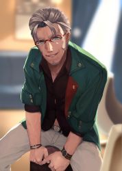 Rule 34 | 1boy, absurdres, arurandeisu, bad id, bad pixiv id, belt, blurry, blurry background, dlop 6, facial hair, glasses, goatee, green jacket, grey hair, highres, holostars, jacket, looking at viewer, male focus, navel, pants, red-framed eyewear, sideburns, sitting, smile, solo, virtual youtuber, watch, wristband, wristwatch