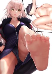 Rule 34 | 1boy, 1girl, absurdres, barefoot, blonde hair, breasts, cameltoe, cleavage, cleft of venus, clothed female nude female, fate/grand order, fate (series), feet, foot focus, foot on head, highres, jeanne d&#039;arc alter (fate), jeanne d&#039;arc (fate), long hair, looking at viewer, nude, panties, pantyshot, parted lips, pov, soles, toes, underwear, upskirt, yellow eyes