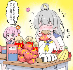 Rule 34 | 2girls, ahoge, apple, banana, blue sailor collar, blunt bangs, blush, book, brand name imitation, burger, closed eyes, commentary, desk, eating, eating during class, fang, food, french fries, fruit, furrowed brow, grey hair, hair ribbon, happy, heart, holding, holding food, kizuna akari, kotonoha akane, long hair, looking at another, multiple girls, neckerchief, onigiri, open book, open mouth, pile, pink hair, red ribbon, ribbon, sailor collar, school uniform, shirt, short sleeves, sitting, skin fang, thought bubble, translated, tukasawamura, vocaloid, voiceroid, wcdonald&#039;s, white shirt, yellow background, yellow neckerchief