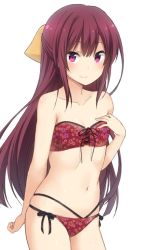 Rule 34 | 10s, 1girl, arm at side, bikini, black ribbon, bow, collarbone, cowboy shot, flat chest, floral print, hair bow, half updo, hand on own chest, kamikaze (kancolle), kantai collection, long hair, looking at viewer, multi-strapped bikini, nagami yuu, navel, panties, pink eyes, purple hair, red bikini, red panties, ribbon, side-tie bikini bottom, simple background, solo, standing, stomach, strapless, strapless bikini, swimsuit, underwear, very long hair, white background, yellow bow