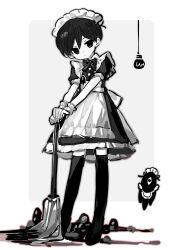 Rule 34 | 1boy, absurdres, apron, black bow, black bowtie, black dress, black eyes, black hair, black thighhighs, bow, bowtie, colored skin, dress, gloves, highres, light bulb, looking at viewer, maid headdress, omori, omori (omori), puffy short sleeves, puffy sleeves, shio 0585, short sleeves, simple background, solo, something (omori), thighhighs, white apron, white background, white gloves, white skin