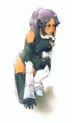 Rule 34 | 1girl, arm support, armor, bad id, bad pixiv id, bare shoulders, barefoot, bleach, breasts, covered erect nipples, dark-skinned female, dark skin, full body, gloves, kneeling, large breasts, on one knee, ponytail, purple hair, shadow, shihouin yoruichi, shirt, simple background, solo, souno kazuki, taut clothes, taut shirt, thighhighs, toeless legwear, yellow eyes
