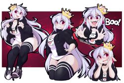 Rule 34 | 1girl, artist name, averting eyes, black choker, black footwear, black jacket, black outline, black panties, black thighhighs, blush, boo (mario), border, breasts, character print, choker, cleavage, closed mouth, collarbone, cowboy shot, cropped legs, cropped torso, cross-laced footwear, crown, dated, drawstring, drooling, earrings, english text, fang, fang out, female focus, full body, grey hair, hair between eyes, hand on own hip, hands on own cheeks, hands on own face, hands up, happy, highres, hood, hood down, hooded jacket, jacket, jewelry, large breasts, long hair, long sleeves, looking at viewer, looking to the side, luigi&#039;s mansion, mario (series), mini crown, mouth drool, multiple views, new super mario bros. u deluxe, nintendo, no pants, open clothes, open jacket, open mouth, outline, outside border, panties, pointy ears, princess king boo, red background, red eyes, sharp teeth, shirt, shoes, shy, sidelocks, simple background, sitting, smile, sneakers, standing, star (symbol), super crown, teeth, teranen, thick thighs, thighhighs, thighs, tilted headwear, tongue, tongue out, underwear, upper body, very long hair, watermark, wavy mouth, white border, white shirt, wide-eyed, wide hips, yellow headwear