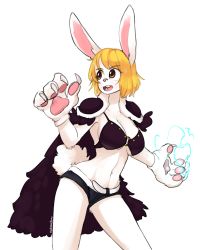 Rule 34 | animal ears, armor, beast pirates uniform, bikini armor, blonde hair, breasts, cape, carrot (one piece), electricity, furry, gloves, highres, large breasts, looking back, one piece, rabbit ears, rabbit girl, rabbit tail, short hair, shoulder pads, tail, yoako