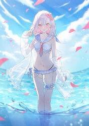 Rule 34 | 1girl, arm at side, bikini, blue bikini, blue sailor collar, blue sky, braid, breasts, cloud, cloudy sky, collarbone, comiket 102, commentary, day, english commentary, falling petals, flower, frilled bikini, frills, hair flower, hair ornament, hand up, highres, jacket, jacket partially removed, looking at viewer, medium hair, mixed-language commentary, navel, necktie, necojishi, ocean, off shoulder, open mouth, original, outdoors, petals, pink eyes, red necktie, sailor collar, see-through, see-through jacket, side braid, single braid, sky, small breasts, smile, solo, standing, swimsuit, wading, water, white bikini, white hair