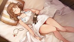 Rule 34 | 1girl, atelier (series), atelier ryza, atelier ryza 3, black choker, choker, from above, gloves, highres, jewelry, lying, necklace, official art, on bed, partially fingerless gloves, reisalin stout, sleeping, solo, thighs, toridamono
