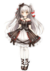 Rule 34 | 10s, 1girl, adapted costume, amatsukaze (kancolle), bare shoulders, black footwear, blush, brown eyes, collarbone, dress, full body, hair tubes, hat, kantai collection, long hair, mini hat, nikoo, shoes, short dress, silver hair, simple background, solo, standing, twintails, two side up, white background, white legwear