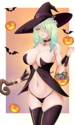 Rule 34 | 1girl, antlers, armlet, bar (place), bell, black choker, black thighhighs, breasts, candy, ceres fauna, choker, cleavage, food, green hair, halloween, highres, hololive, hololive english, horns, large breasts, large hat, medium hair, mole, mole under eye, navel, neck bell, parted lips, smile, solo, thighhighs, thighs, vik (xypt7474), virtual youtuber, witch, yellow eyes