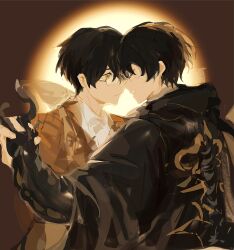 Rule 34 | 2boys, abstract background, black cloak, black hair, brown eyes, brown jacket, chinese commentary, cloak, closed eyes, commentary request, glasses, highres, holding hands, jacket, klein moretti, looking at another, lord of the mysteries, multiple boys, parted lips, shirt, short hair, smile, tentacles, white shirt