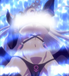 Rule 34 | 10s, 1girl, bikini, breasts, censored, convenient censoring, demon girl, demon wings, elbow gloves, closed eyes, gloves, highres, horns, key, long hair, naruse maria, navel, censored nipples, screencap, shinmai maou no testament, silver hair, solo, swimsuit, underboob, wings