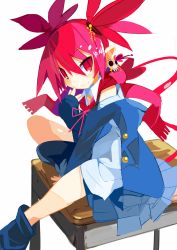 Rule 34 | 1girl, alternate costume, commentary request, demon girl, demon tail, disgaea, etna (disgaea), evil smile, highres, miyakawa106, pointy ears, polearm, red eyes, red hair, red scarf, scarf, sitting, skirt, slit pupils, smile, solo, tail, tongue, tongue out, twintails, weapon