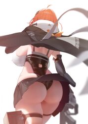 Rule 34 | 1girl, ass, ass focus, black leotard, breasts, check copyright, copyright request, from behind, gloves, gun, highres, holding, holding gun, holding weapon, large breasts, leotard, orange hair, original, simple background, skindentation, solo, thick thighs, thigh strap, thighs, weapon, white background, xiujia yihuizi