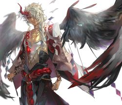 Rule 34 | 1boy, 45662312, arm tattoo, black wings, braid, dark-skinned male, dark skin, demon, demon boy, demon horns, fate/grand order, fate (series), feathered wings, feathers, feet out of frame, highres, horns, jewelry, light particles, light smile, long hair, looking at viewer, male focus, multiple rings, red horns, ring, simple background, single horn, smile, solo, solomon (fate), tattoo, type-moon, very long hair, white background, white hair, wings, yellow eyes