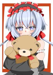 1girl 9ma_(9matohibari) absurdres black_dress blue_eyes blush closed_mouth dress flat_chest hair_between_eyes highres hugging_doll hugging_object looking_at_viewer medium_hair red_headdress senki_zesshou_symphogear simple_background solo stuffed_animal stuffed_toy teddy_bear thick_eyelashes twintails upper_body wavy_mouth white_background white_hair yukine_chris