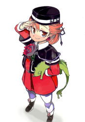Rule 34 | 1girl, animal, arm up, bad id, bad pixiv id, black footwear, black hat, black jacket, black ribbon, boots, brown eyes, carrying, carrying under arm, closed mouth, collared dress, dress, earrings, eyebrows, facing away, flower, full body, hat, hat ribbon, jacket, jewelry, jitome, leaf, legs apart, lizard, long sleeves, looking away, looking up, nail (progear), open clothes, open jacket, orange hair, pantyhose, progear, raised eyebrows, red dress, red flower, red rose, ribbon, rose, salute, shadow, short hair, short sleeves, simple background, smile, solo, standing, suraba, white background, white pantyhose