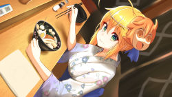 Rule 34 | 1girl, ahoge, artoria pendragon (all), artoria pendragon (fate), blonde hair, blush, bowl, breasts, chopsticks, closed mouth, commentary request, dutch angle, eating, fate/grand order, fate/stay night, fate (series), floral print, food, food on face, food request, fujimaru ritsuka (female), green eyes, hair bun, highres, japanese clothes, kimono, looking at viewer, mask, mask on head, medium breasts, nabe, napkin, nekoda (maoda), official alternate costume, pepper shaker, revision, riyo (lyomsnpmp) (style), saber (fate), saber (leisurely strolling) (fate), salt shaker, single hair bun, sitting, solo, wide sleeves