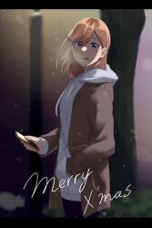 Rule 34 | 1girl, absurdres, brown jacket, cellphone, commentary request, grey hoodie, hand in pocket, highres, holding, holding phone, hood, hoodie, jacket, long sleeves, looking at viewer, love live!, love live! superstar!!, medium hair, merry christmas, open clothes, open jacket, open mouth, orange hair, outdoors, phone, purple eyes, s sho mkrn, shibuya kanon, smartphone, solo, standing, steam, upper body