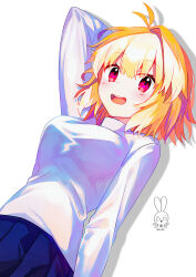 Rule 34 | 1girl, antenna hair, arcueid brunestud, aro 1801, black skirt, blonde hair, blush, commentary, long sleeves, looking at viewer, open mouth, pleated skirt, red eyes, shadow, simple background, single hair intake, skirt, smile, solo, sweater, teeth, tsukihime, tsukihime (remake), turtleneck, turtleneck sweater, twitter username, upper teeth only, white background, white sweater