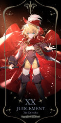 Rule 34 | 1girl, blonde hair, boots, brooch, brown footwear, brown jacket, brown vest, cape, dagger, f.l.c., feather hair ornament, feathers, green eyes, hair ornament, hat, highres, holding, holding dagger, holding knife, holding weapon, jacket, jewelry, judgment (tarot), knife, looking at viewer, lord of the mysteries, numbered, open hand, red cape, red hat, roman numeral, shirt, shorts, solo, star (symbol), sword print, tarot, tarot (medium), vest, weapon, white shirt, xio derecha