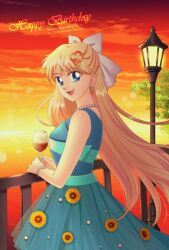 Rule 34 | 1girl, aino minako, artist name, bishoujo senshi sailor moon, blonde hair, blue dress, blue eyes, bow, bracelet, cloud, cloudy sky, commentary, cup, dated, dress, dusk, earrings, english commentary, floral print, from side, hair bow, happy birthday, heart, heart earrings, highres, holding, holding cup, jewelry, koya, lamppost, long hair, looking at viewer, looking back, necklace, open mouth, outdoors, pearl bracelet, pearl necklace, print dress, sky, sleeveless, sleeveless dress, solo, standing, sunflower print, teeth, upper teeth only, white bow
