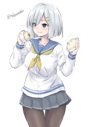 Rule 34 | 1girl, baozi, black pantyhose, blue eyes, blue sailor collar, closed mouth, collarbone, cowboy shot, eating, food, grey skirt, hair ornament, hair over one eye, hairclip, hamakaze (kancolle), highres, holding, holding food, kantai collection, long sleeves, neckerchief, one-hour drawing challenge, pantyhose, pleated skirt, sailor collar, school uniform, serafuku, short hair, silver hair, simple background, skirt, solo, takomeshi, twitter username, white background, yellow neckerchief
