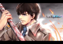 Rule 34 | 10s, 1boy, amon koutarou, black hair, blood, bloody weapon, blue eyes, character name, coat, copyright name, letterboxed, male focus, necktie, short hair, solo, tokyo ghoul, trench coat, weapon