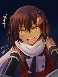 Rule 34 | + +, 1girl, :d, black gloves, brown eyes, brown hair, dark-skinned female, dark skin, elbow gloves, from below, gloves, hair ornament, haura akitoshi, kantai collection, looking at viewer, night battle idiot, open mouth, scarf, school uniform, sendai (kancolle), sendai kai ni (kancolle), serafuku, short hair, smile, solo, twitter username, two side up, white scarf