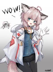 1girl 1other absurdres ahoge animal_ear_fluff animal_ears arknights black_choker black_pantyhose black_skirt blue_eyes blue_shirt blush choker cloak coat cowboy_shot cross doctor_(arknights) fox_ears fox_girl fox_tail gloves glowstick gradient_background grey_hair highres holding holding_glowstick hood hooded_coat id_card lanyard looking_at_viewer material_growth namsek open_cloak open_clothes oripathy_lesion_(arknights) pantyhose red_cross shirt short_hair signature skirt solo_focus spoken_expression sussurro_(arknights) tail waving_hands white_coat white_gloves