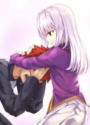 Rule 34 | 1boy, 1girl, absurdres, brother and sister, closed mouth, crying, emiya shirou, eyelashes, fate/stay night, fate (series), from side, hair between eyes, highres, illyasviel von einzbern, long hair, long sleeves, looking down, open mouth, orange hair, pleated skirt, purple shirt, red eyes, shirt, short hair, siblings, silver hair, simple background, skirt, smile, straight hair, tears, white background, white skirt, yu sa1126