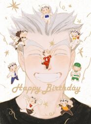 Rule 34 | 1boy, astronaut, black shirt, bokuto koutarou, chef, chengongzi123, chibi, closed eyes, colored eyelashes, confetti, english text, facing viewer, grey hair, grin, haikyuu!!, happy birthday, hashtag only commentary, highres, male focus, multicolored hair, multiple views, portrait, shirt, short hair, smile, sportswear, streaked hair, thick eyebrows, very short hair, volleyball uniform