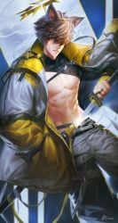Rule 34 | 1boy, abs, animal ears, belt, bomber jacket, brown eyes, brown hair, cat boy, spiked halo, drawing sword, hair over one eye, halo, hand in pocket, highres, holding, holding sword, holding weapon, iroai midodo, jacket, jewelry, looking at viewer, male focus, multiple belts, muscular, muscular male, original, pectorals, ring, sheath, sword, weapon