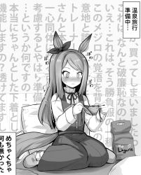 Rule 34 | 1girl, @ @, ai takurou, alternate costume, animal ears, blush, casual, commentary request, english text, greyscale, heavy breathing, horse ears, horse tail, long hair, mejiro mcqueen (umamusume), monochrome, panties, pillow, seiza, sitting, solo, sweat, tail, translation request, umamusume, underwear
