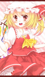 Rule 34 | 1girl, ascot, ayaaka (yasaki), blonde hair, breasts, collared shirt, cowboy shot, flandre scarlet, frilled shirt collar, frills, hat, highres, looking at viewer, medium hair, mob cap, multicolored wings, one side up, open mouth, petticoat, pink background, puffy short sleeves, puffy sleeves, red eyes, red ribbon, red skirt, red vest, ribbon, ribbon-trimmed headwear, ribbon trim, shirt, short sleeves, simple background, skirt, skirt set, small breasts, solo, teeth, touhou, upper teeth only, vest, white hat, white shirt, wings, yellow ascot