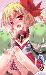 Rule 34 | 1girl, alternate costume, blonde hair, blush, bow, cheering, cheerleader, flandre scarlet, hair bow, implied sex, knees together feet apart, looking at viewer, open mouth, pom pom (cheerleading), red eyes, shirt, side ponytail, sitting, skirt, smile, solo, sweat, touhou, yamu (reverse noise)
