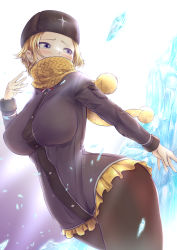 Rule 34 | 1girl, alternate costume, alternate hairstyle, black pantyhose, blonde hair, blue eyes, blush, breasts, bro.you-yan, coat, fur hat, hat, highres, ice, kolin, large breasts, looking to the side, miniskirt, pantyhose, scarf, short hair, skirt, solo, standing, street fighter, street fighter v, thick thighs, thighs, ushanka, wide hips, winter clothes, winter coat