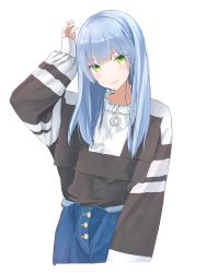 Rule 34 | 1girl, absurdres, alternate costume, arm at side, arm up, blush, casual, closed mouth, cowboy shot, cropped legs, denim, girls&#039; frontline, green eyes, highres, hk416 (girls&#039; frontline), jeans, long hair, long sleeves, looking at viewer, pants, purumi, shirt, simple background, sleeves past wrists, smile, solo, straight hair, white background, zipper pull tab