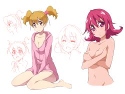 Rule 34 | 00s, 2girls, ^ ^, aida mana, barefoot, blush, breasts, brown hair, cleavage, covering privates, covering breasts, dokidoki! precure, closed eyes, fresh precure!, looking at viewer, medium breasts, momozono love, multiple girls, nanashishi, nude, pajamas, pink hair, precure, short hair, simple background, sitting, small breasts, smile, twintails, wariza, white background