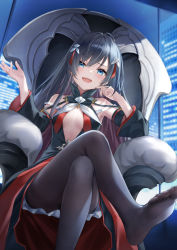 Rule 34 | 1girl, :d, ahoge, armpits, bare shoulders, black dress, black hair, black pantyhose, blue eyes, breasts, center opening, counter:side, crossed legs, detached sleeves, dress, feet, hair ornament, hand up, higeneko, highres, long hair, long sleeves, looking at viewer, no bra, no shoes, open mouth, pantyhose, raised eyebrow, rosaria le friede, sitting, small breasts, smile, smug, soles, solo, throne, toes