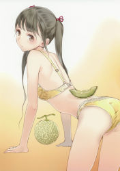 Rule 34 | 1girl, absurdres, arched back, arm support, ass, back, bare shoulders, bent over, black eyes, black hair, bra, brown eyes, flat chest, food, fruit, gradient background, hair ribbon, highres, image sample, kishida mel, leaning forward, lingerie, long hair, looking at viewer, looking back, melon, original, panties, ribbon, solo, tears, twintails, underwear, underwear only