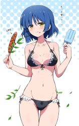 Rule 34 | 1girl, :o, absurdres, bare arms, bikini, black bikini, blue hair, blunt ends, blush, bocchi the rock!, breasts, cleavage, closed mouth, collarbone, commentary, corn dog, cowboy shot, eating, eggman (pixiv28975023), food, frilled bikini, frills, highres, holding, holding food, ketchup, leaf, long hair, medium breasts, mole, mole under eye, navel, popsicle, short hair, simple background, solo, standing, swimsuit, textless version, white background, yamada ryo, yellow eyes