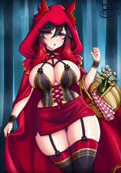 Rule 34 | 1girl, basket, bottle, bread, breasts, cape, cleavage, commentary, cosplay, cowboy shot, cross-laced clothes, cross-laced top, english commentary, flower, food, garter straps, grimm&#039;s fairy tales, hair between eyes, highres, holding, holding basket, large breasts, little red riding hood, little red riding hood (grimm), little red riding hood (grimm) (cosplay), microskirt, multicolored eyes, orange eyes, original, panties, pantyshot, patreon username, red cape, red hood, red skirt, sevie, skirt, solo, thighhighs, thighs, twitter username, underwear, yellow eyes