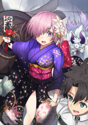 Rule 34 | 1boy, 1girl, 3:, beriko (dotera house), black hair, black kimono, blue eyes, blush, breasts, charm (object), d:, fate/grand order, fate (series), fou (fate), fujimaru ritsuka (male), furisode, gradient clothes, hair over one eye, hetero, highres, holding, holding hands, holding shield, japanese clothes, kimono, large breasts, mash kyrielight, mash kyrielight (grand new year), obi, official alternate costume, open mouth, parted bangs, purple eyes, purple hair, purple kimono, robe, sash, shield, short hair, tile floor, tiles, wide sleeves