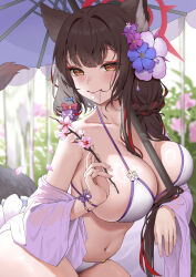 Rule 34 | 1girl, absurdres, animal ears, bikini, blue archive, blush, branch, breasts, brown hair, cleavage, collarbone, commentary request, eyeshadow, falling petals, flower, fox ears, fox tail, hair flower, hair ornament, hair over shoulder, halo, highres, holding, holding branch, holding umbrella, hongye feixue, large breasts, looking at viewer, makeup, mouth hold, navel, official alternate costume, oil-paper umbrella, petals, red eyeshadow, smile, solo, stomach, swimsuit, tail, umbrella, wakamo (blue archive), wakamo (swimsuit) (blue archive), white bikini