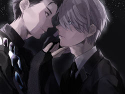 Rule 34 | 2boys, anne (annene), bad id, bad pixiv id, black hair, blue eyes, brown eyes, eye contact, formal, hair slicked back, hands on another&#039;s face, katsuki yuuri, looking at another, male focus, multiple boys, necktie, silver hair, smile, suit, upper body, viktor nikiforov, yaoi, yuri!!! on ice