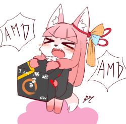 Rule 34 | &gt; &lt;, amd, animal ear fluff, artist request, blunt bangs, blush, closed eyes, dog, fang, full body, furry, hair over shoulder, highres, long hair, open mouth, pink hair, ryzen, screaming, simple background, solo, speech bubble, standing, tail, translation request, white background, wide sleeves