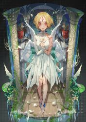 Rule 34 | 1girl, absurdres, anklet, bare shoulders, barefoot, blonde hair, facial mark, feathered wings, forehead mark, highres, jewelry, looking at viewer, original, parted lips, pillar, red eyes, short hair, solo, soono (rlagpfl), tattoo, white wings, wings