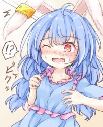 Rule 34 | !?, 1girl, animal ears, blue dress, blue hair, blush, rabbit ears, dress, earclip, hands on own breasts, long hair, low twintails, neko mata, one eye closed, open mouth, red eyes, seiran (touhou), solo, touhou, twintails, upper body
