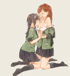 Rule 34 | 10s, 2girls, bad id, bad pixiv id, black hair, blush, bra, braid, breast sucking, breasts, brown hair, closed eyes, covering own mouth, female focus, holding hands, kantai collection, kitakami (kancolle), kneeling, long hair, multiple girls, nipples, no shoes, off shoulder, ooi (kancolle), partially undressed, skirt, small breasts, socks, syou (endemic species), tears, underwear, unworn bra, yuri