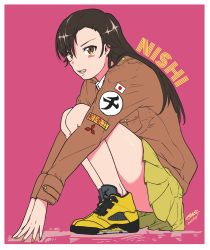 Rule 34 | 1girl, absurdres, air jordan, air jordan 5, arm support, artist name, asymmetrical bangs, brown eyes, brown hair, brown jacket, character name, chi-hatan military uniform, commentary, cross-laced footwear, dated, full body, girls und panzer, high tops, highres, jacket, japanese flag, legs, logo, long hair, long sleeves, looking at viewer, military, military uniform, miniskirt, mitsubishi motors, nail polish, nishi kinuyo, no socks, open mouth, pink background, pleated skirt, red nails, shirt, shoes, signature, simple background, skirt, smile, sneakers, solo, squatting, translated, uniform, white shirt, yellow footwear, yellow skirt, zono (inokura syuzo029)
